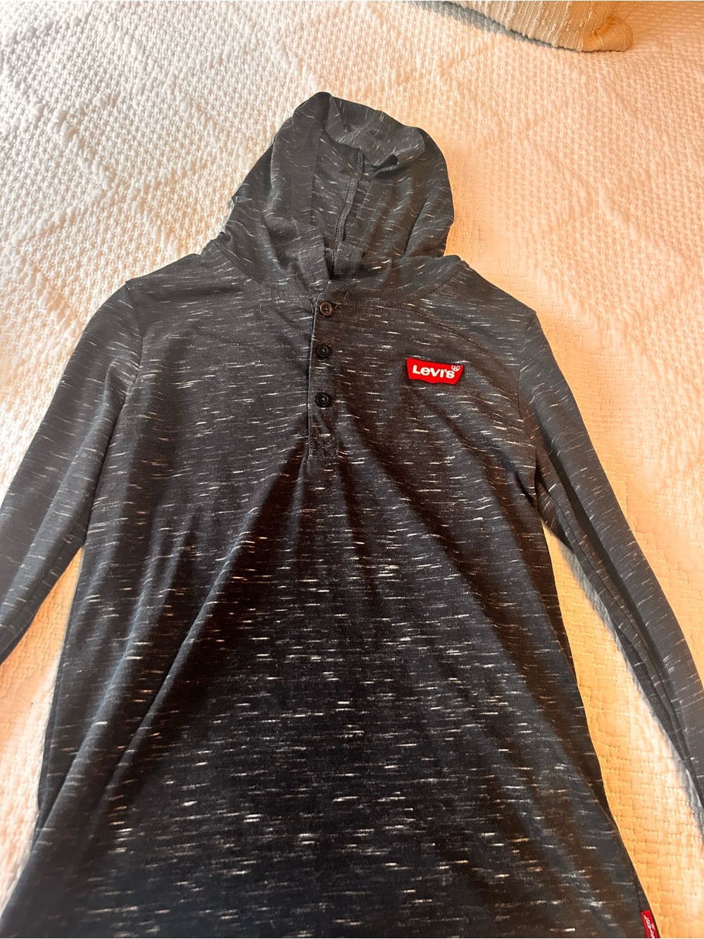 Levi's Boy’s Black Heather Hooded Henley long sleeve shirt. Youth size small